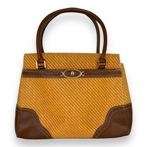 ETIENNE AIGNER Brown Leather‎ Trim Woven Inner Pocket Shoulder Bag Purse